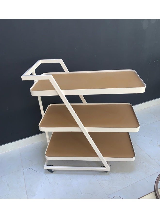 Horoof Market Horoof Home® Modern 3-Tier Serving Cart with Leather Shelves – White Metal Frame & Beige Leather, Rolling Utility Cart for Kitchen, Bar, or Office  - Image 2