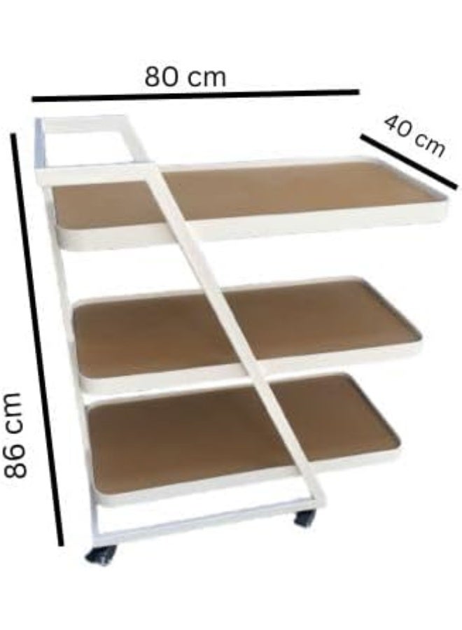 Horoof Market Horoof Home® Modern 3-Tier Serving Cart with Leather Shelves – White Metal Frame & Beige Leather, Rolling Utility Cart for Kitchen, Bar, or Office  - Image 3