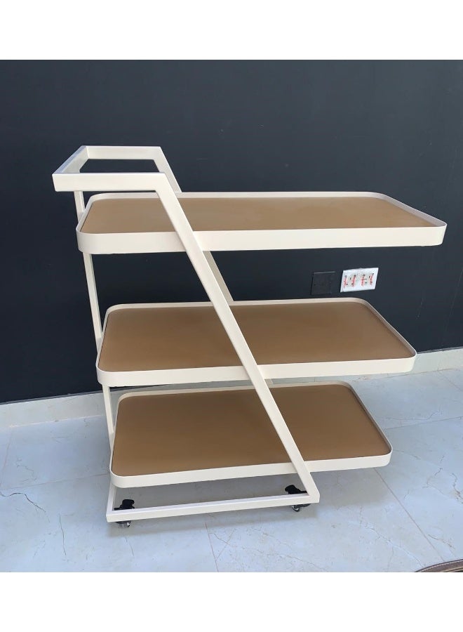 Horoof Market Horoof Home® Modern 3-Tier Serving Cart with Leather Shelves – White Metal Frame & Beige Leather, Rolling Utility Cart for Kitchen, Bar, or Office  - Image 1