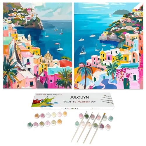 JULOUYN 2 Pack Paint by Numbers Kit for Adults Beginner, Amalfi Coast DIY Canvas Art Kit for Home Decor Gift 16x20 in - Image 1
