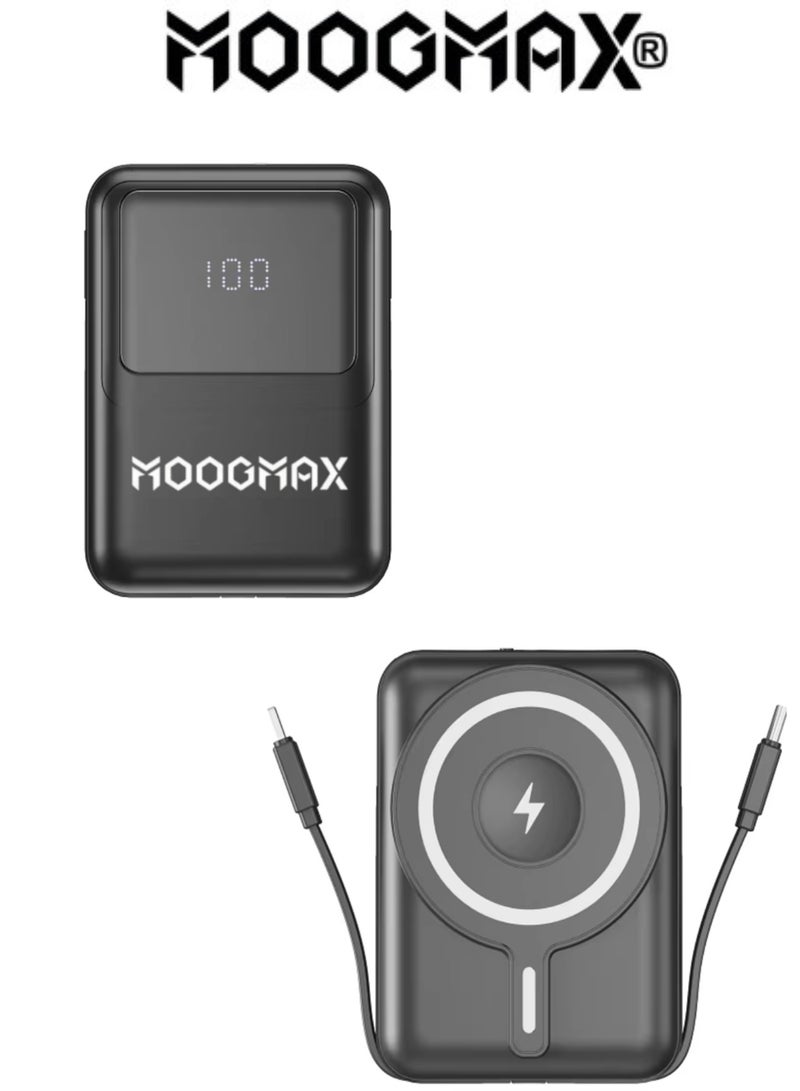 MOOGMAX 10000mAh Wireless Power Bank. Ultra compact portable power bank wireless built-in cables (Type C & USB). Power bank with MagSafe wireless charging. Magnetic powerbank with 22.5W wired charging. Portable battery with digital display. Wireless charger for iPhone, Samsung, Huawei, Xiaomi, and more. - Image 2