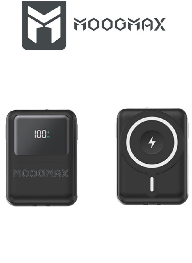 10000mAh Wireless Power Bank 22.5W & 15W Wireless Charging, Ultra-Small ATM Card Size Portable Charger, with a Digital Display. power bank fast charging Type-C Port and Built-in (Lightning Cable & Type-C Cable). Black