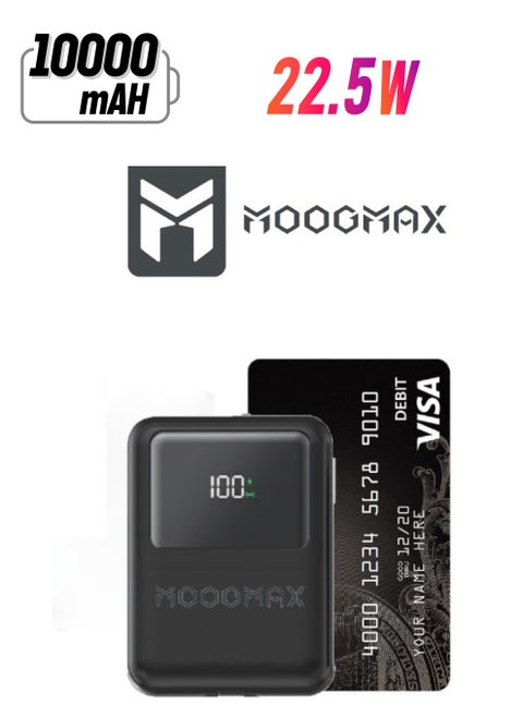 10000mAh Wireless Power Bank 22.5W & 15W Wireless Charging, Ultra-Small ATM Card Size Portable Charger, with a Digital Display. power bank fast charging Type-C Port and Built-in (Lightning Cable & Type-C Cable). Black