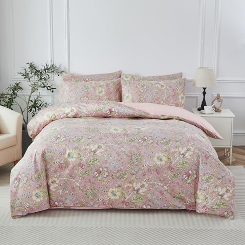 URBONUR King Duvet Cover Set Soft 100% Cotton Floral Bedding Sets Blush Pink Wildflower Comforter Cover, Button Closure and Corner Ties (3Pcs, Vintage Floral, King) - Image 1