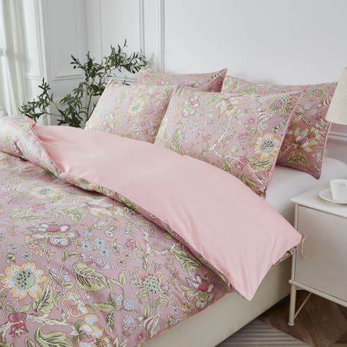 URBONUR King Duvet Cover Set Soft 100% Cotton Floral Bedding Sets Blush Pink Wildflower Comforter Cover, Button Closure and Corner Ties (3Pcs, Vintage Floral, King) - Image 4