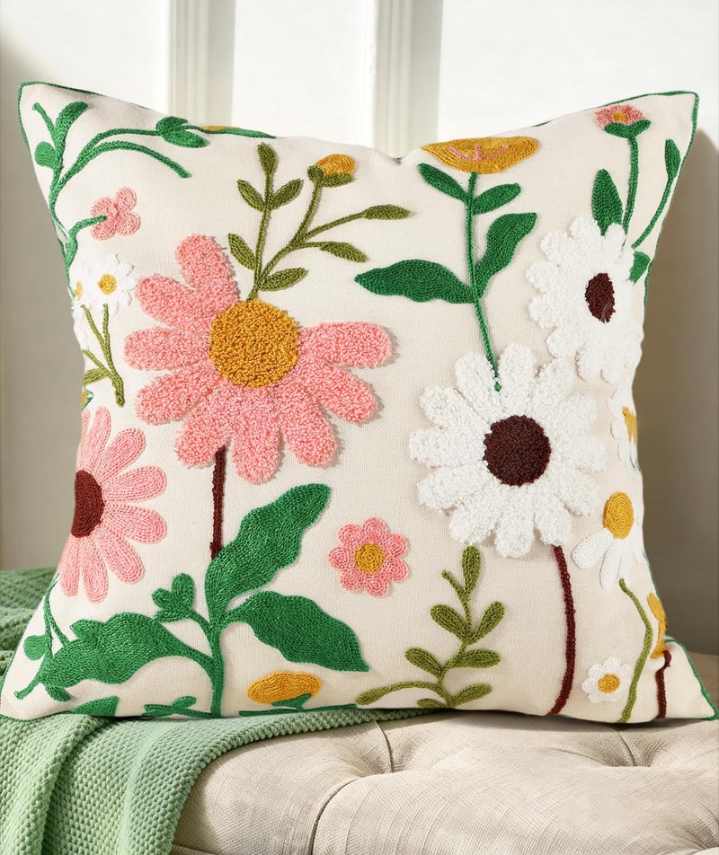 Kokaaee Embroidered Throw Pillow Cover 18x18 Decorative Pillow Cover with Zipper Aesthetic Cute Design Boho Spring Summer Cozy Throw Pillowcase for Living Room Couch Sofa Bed Pink White Flower - Image 2