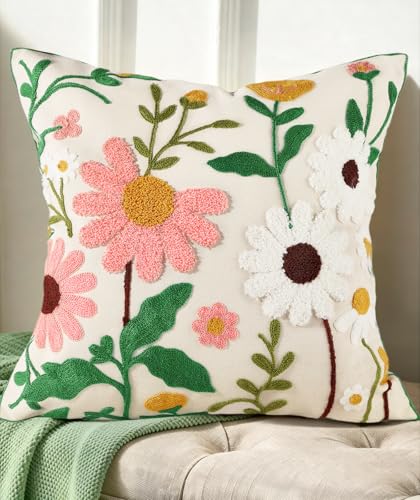 Kokaaee Embroidered Throw Pillow Cover 18x18 Decorative Pillow Cover with Zipper Aesthetic Cute Design Boho Spring Summer Cozy Throw Pillowcase for Living Room Couch Sofa Bed Pink White Flower - Image 1