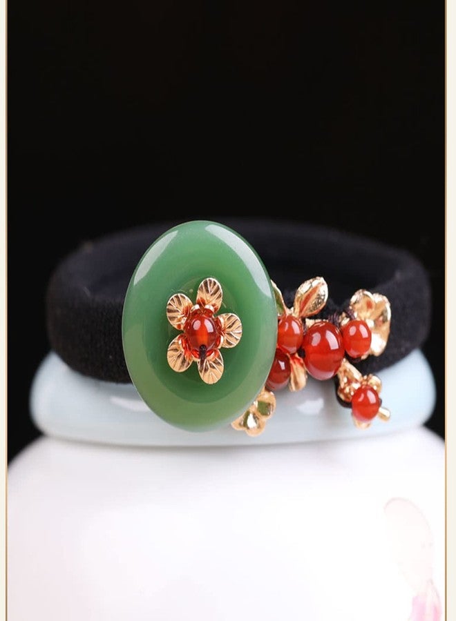 Ezindraw Vintage Jade Gemstone Hair Tie, Chinese Style Ponytail Holder, Flower Hair Elastic Rope, Chinese Hair Accessories for Women, Green Jade Donut Jewelry for Hanfu Dress - Image 3