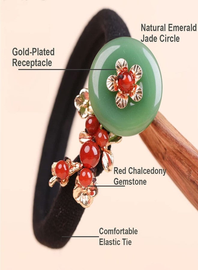 Ezindraw Vintage Jade Gemstone Hair Tie, Chinese Style Ponytail Holder, Flower Hair Elastic Rope, Chinese Hair Accessories for Women, Green Jade Donut Jewelry for Hanfu Dress - Image 2
