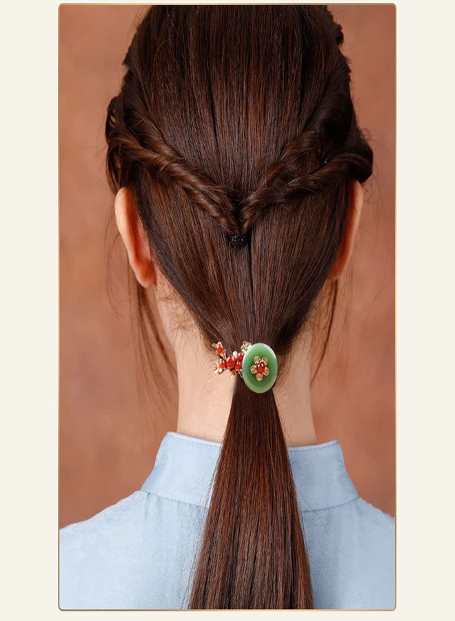Ezindraw Vintage Jade Gemstone Hair Tie, Chinese Style Ponytail Holder, Flower Hair Elastic Rope, Chinese Hair Accessories for Women, Green Jade Donut Jewelry for Hanfu Dress - Image 5