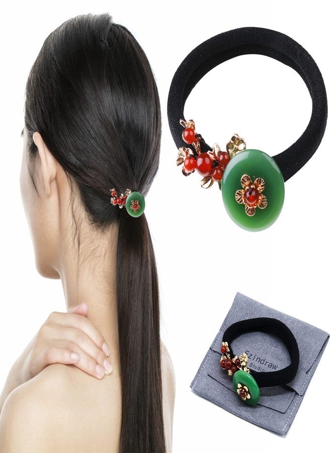 Ezindraw Vintage Jade Gemstone Hair Tie, Chinese Style Ponytail Holder, Flower Hair Elastic Rope, Chinese Hair Accessories for Women, Green Jade Donut Jewelry for Hanfu Dress - Image 1