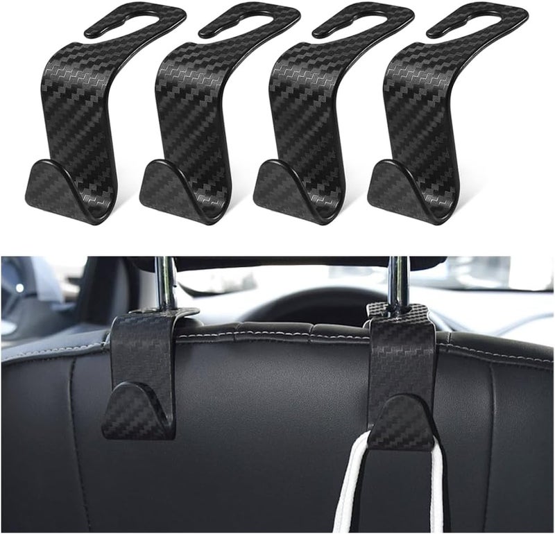 Hanemia Car Back Seat Headrest Hooks, 4 Pack Carbon Fiber Stylish Back Seat Hanger for Car Handbag Clothes Coats Grocery Bags, Car Interior Accessories (Carbon Fibre/Black) Long lasting universal build - Image 1