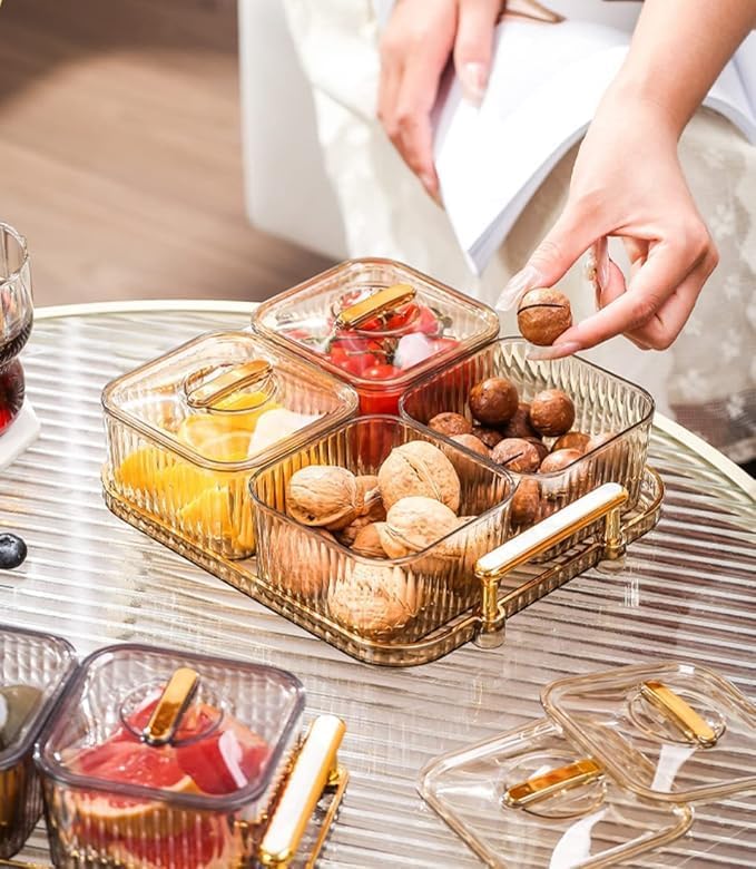 GNOLY Elegant Glass Snack Storage Box With Golden Handle - 4 Compartments For Nuts, Candy, Dried Fruits, Party & Home Use - Image 3