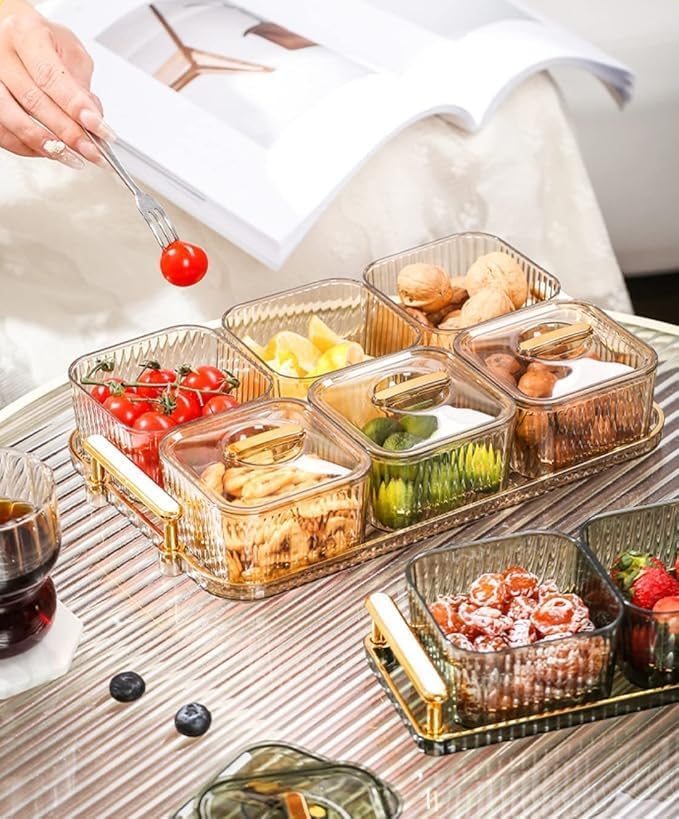 GNOLY Elegant Glass Snack Storage Box With Golden Handle - 4 Compartments For Nuts, Candy, Dried Fruits, Party & Home Use - Image 4