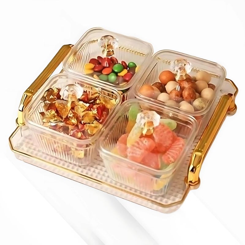 GNOLY Elegant Glass Snack Storage Box With Golden Handle - 4 Compartments For Nuts, Candy, Dried Fruits, Party & Home Use - Image 1