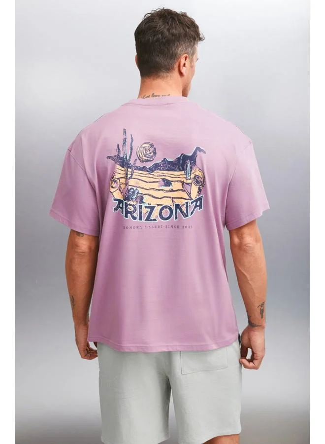 GRIMELANGE Grimelange Kaisen Men's Cotton Short Sleeve Printed Regular Fit Plum T-Shirt