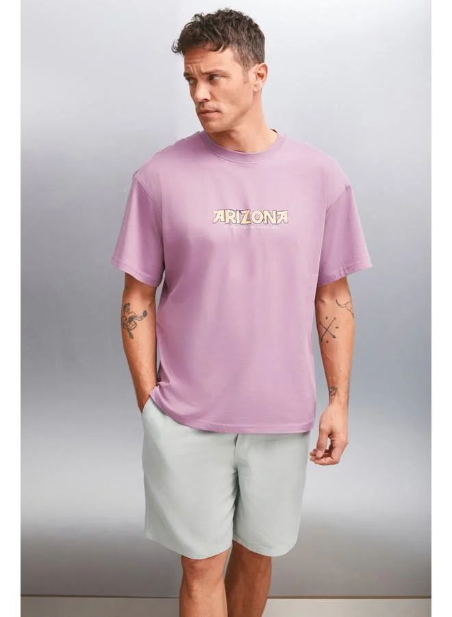 GRIMELANGE Grimelange Kaisen Men's Cotton Short Sleeve Printed Regular Fit Plum T-Shirt