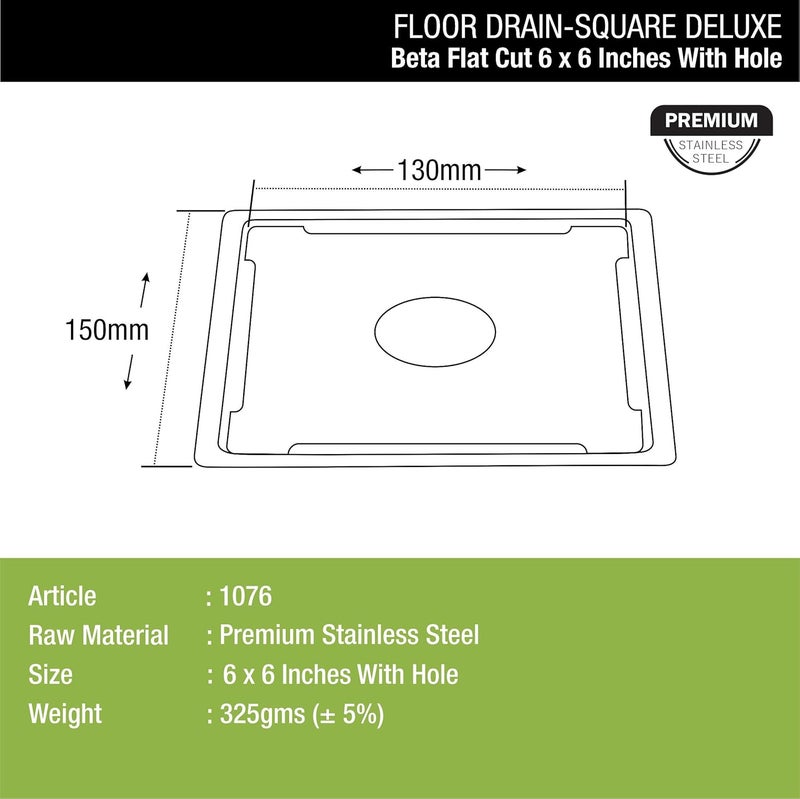 LIPKA Beta Deluxe Square Flat Cut Floor DrainPremium Stainless Steel 6 x 6 Incheswith Hole - Image 2