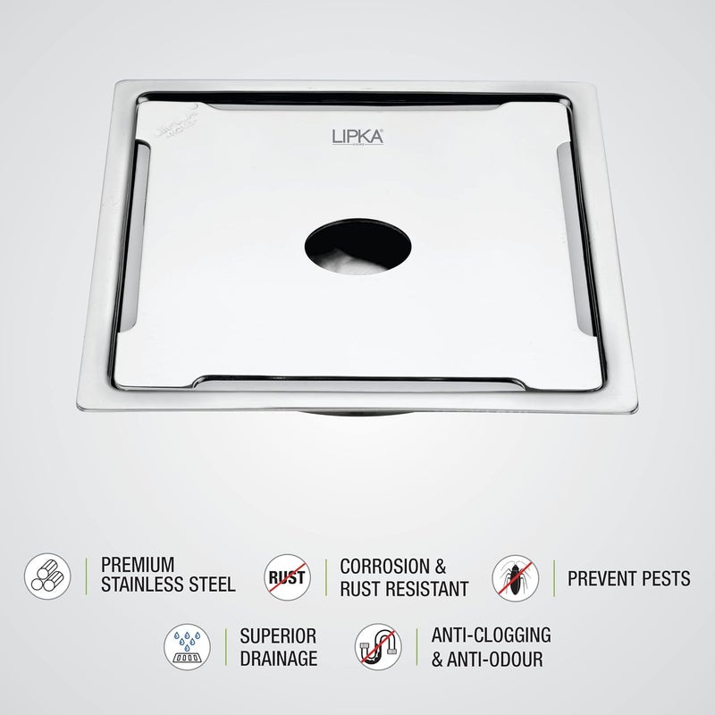 LIPKA Beta Deluxe Square Flat Cut Floor DrainPremium Stainless Steel 6 x 6 Incheswith Hole - Image 4