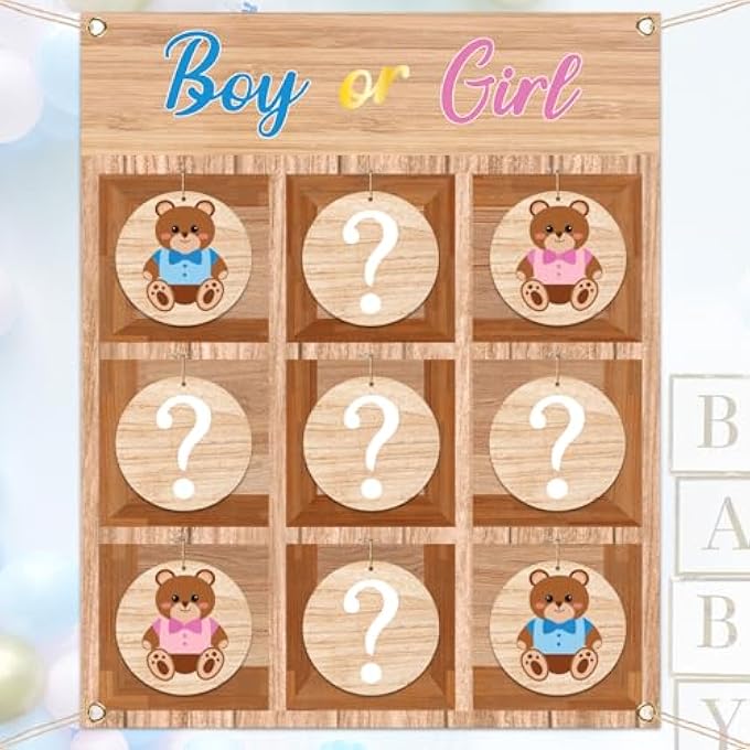 OurWarm Gender Reveal Games Tic Tac Toe Gender Reveal Game with 10 Bear Chips Rustic Gender Reveal Ideas for He or She Gender Reveal Tic Tac Toe Board for Boy and Girl Party Decorations Backdrop - Image 1
