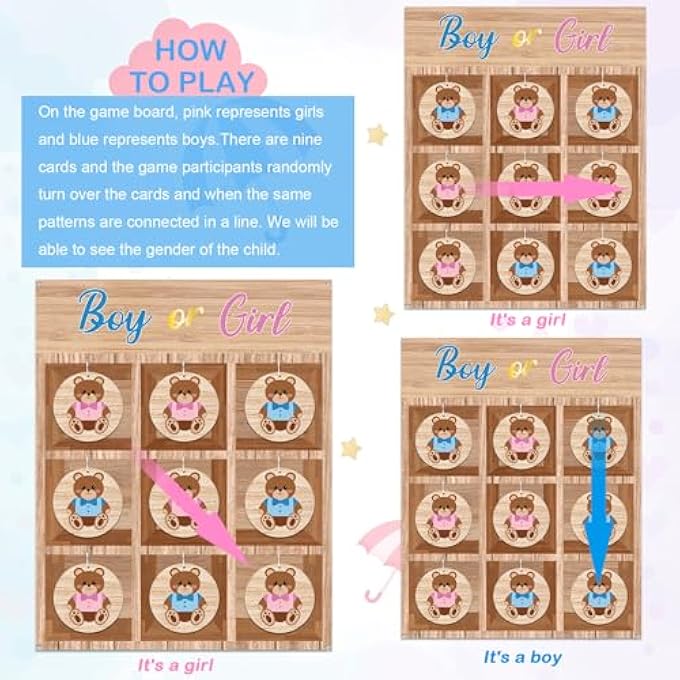 OurWarm Gender Reveal Games Tic Tac Toe Gender Reveal Game with 10 Bear Chips Rustic Gender Reveal Ideas for He or She Gender Reveal Tic Tac Toe Board for Boy and Girl Party Decorations Backdrop - Image 3