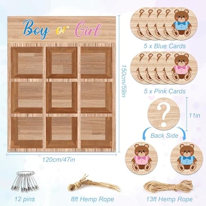 OurWarm Gender Reveal Games Tic Tac Toe Gender Reveal Game with 10 Bear Chips Rustic Gender Reveal Ideas for He or She Gender Reveal Tic Tac Toe Board for Boy and Girl Party Decorations Backdrop - Image 2
