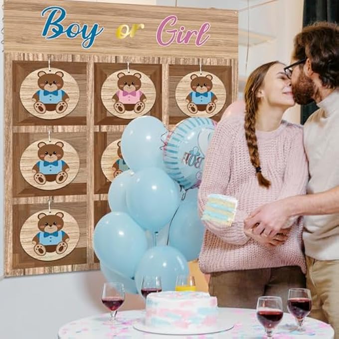 OurWarm Gender Reveal Games Tic Tac Toe Gender Reveal Game with 10 Bear Chips Rustic Gender Reveal Ideas for He or She Gender Reveal Tic Tac Toe Board for Boy and Girl Party Decorations Backdrop - Image 4