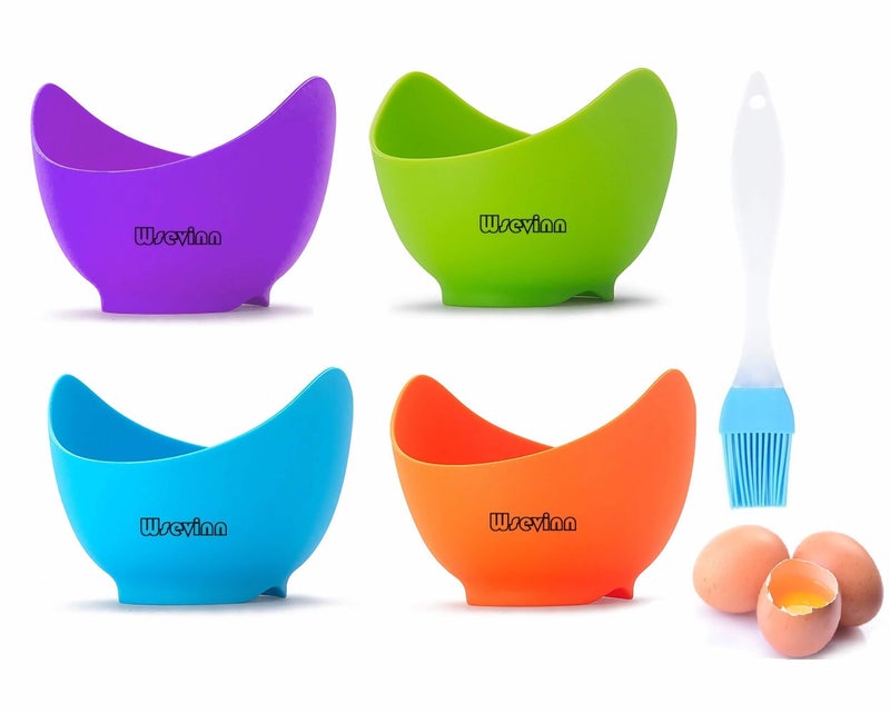 Poached Egg Cooker Egg Poachers Silicone Egg Poacher Cups with Ring Standers Non Stick Egg Poaching Cup for Microwave Stovetop Air Fryer Egg Cooking 4 Pack Extra Oil Brush Included