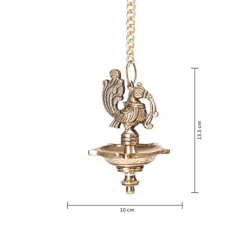 Bhimonee Decor | Handmade Brass Hanging Diya with Ethnic Peacock Design | 5 Oil Wick Traditional Lamp | Antique Finish | Pooja & Festival Home Decor | Temple & Balcony Hanging Decor - Image 4