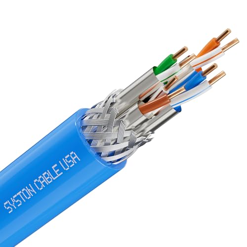 Syston Cable Technology Syston Cable Cat8 Ethernet Bulk Raw Cable 2000MHz 2GHz 40GB 50 ft Solid Bare Copper S/FTP Individual electromagnetic Tinned Copper Braid Shield 22/4 4 Pair 22 AWG CMR FT4 UTP Blue Order to Cut - Image 1