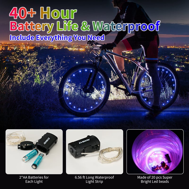 DAWAY A01 LED Bike Wheel Lights (2 Tires, Blue) - Bright Bicycle Spoke Lights, 2 Modes, Waterproof Safety Bike Tire Lights, Fun Night Riding Accessories, with Batteries for Kids & Adults - Image 3