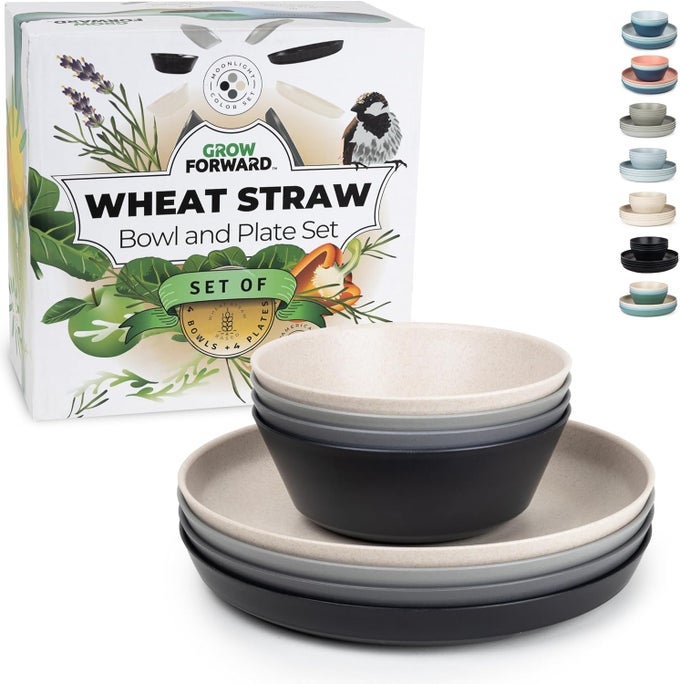 PREMIUM WHEAT STRAW PLATES AND BOWLS SETS 8PIECE WHEAT STRAW DINNERWARE SETS UNBREAKABLE REUSABLE MICROWAVE SAFE PLASTIC DINNER PLATES FOR OUTDOORS RV CAMPING DISHES MOONLIGHT