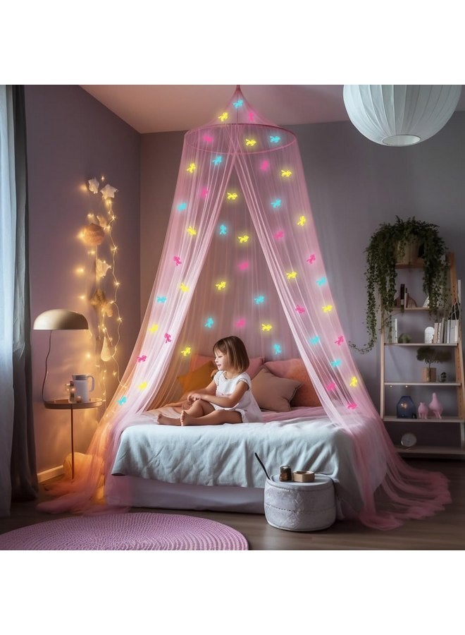 UB-STORE Pink Canopy for Girls Bed with Pre-Glued Glow in the Dark Unicorns - Princess Mosquito Net Room Decor - Kids & Baby Bedroom Tent with Galaxy Lights - 1 Opening Canopy Bed & Hanging Kit Included - Image 1