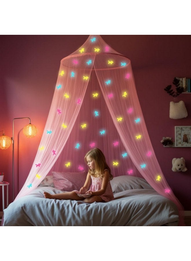 UB-STORE Pink Canopy for Girls Bed with Pre-Glued Glow in the Dark Unicorns - Princess Mosquito Net Room Decor - Kids & Baby Bedroom Tent with Galaxy Lights - 1 Opening Canopy Bed & Hanging Kit Included - Image 3