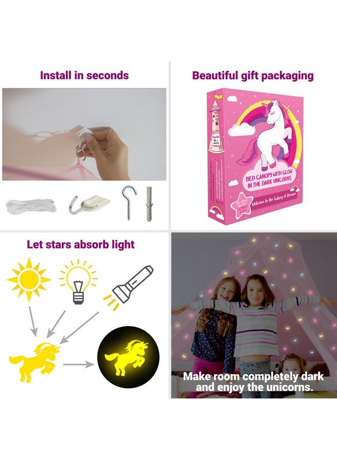 UB-STORE Pink Canopy for Girls Bed with Pre-Glued Glow in the Dark Unicorns - Princess Mosquito Net Room Decor - Kids & Baby Bedroom Tent with Galaxy Lights - 1 Opening Canopy Bed & Hanging Kit Included - Image 5