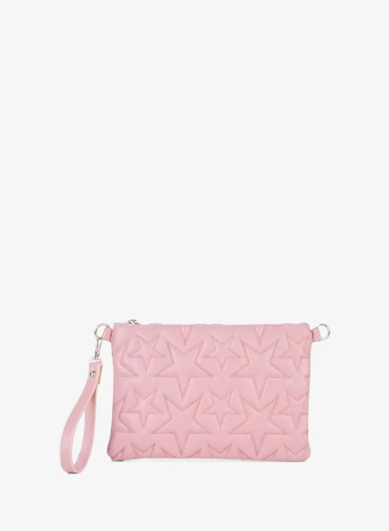 Women's Rose Gold Star Embroidered Synthetic Leather Wrist and Chain Strap Portfolio Hand and Clutch Bag.