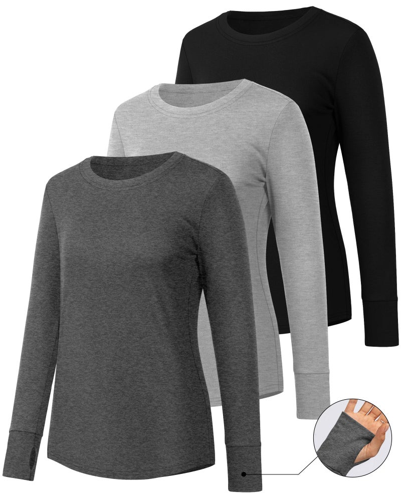 Huukeay 3 Pack Women's Long Sleeve Shirts with Thumb Holes, Cotton Casual Crew Neck Tunic Tops Fall Loose Y2k Trendy Outfits(Black, Dark Gray, Light Gray,XX-Large) - Image 3