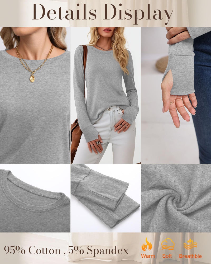 Huukeay 3 Pack Women's Long Sleeve Shirts with Thumb Holes, Cotton Casual Crew Neck Tunic Tops Fall Loose Y2k Trendy Outfits(Black, Dark Gray, Light Gray,XX-Large) - Image 5