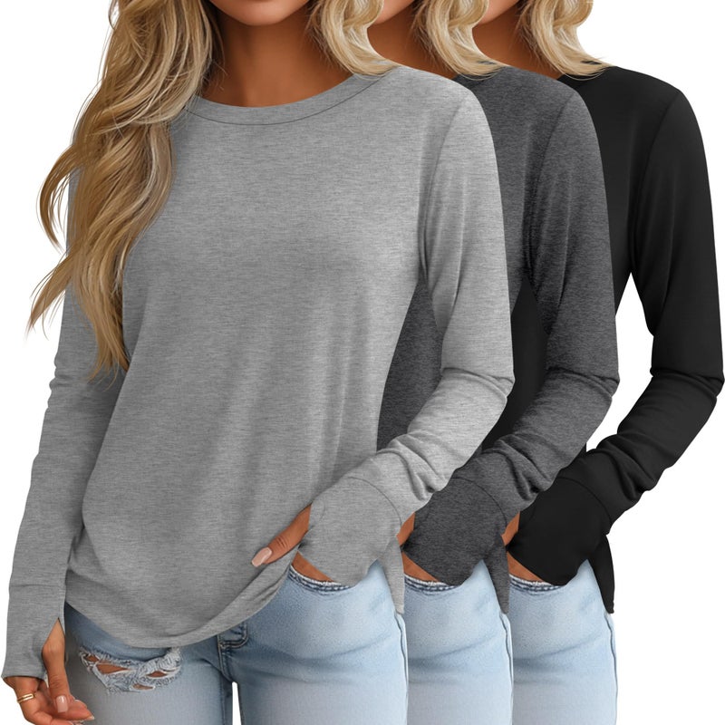 Huukeay 3 Pack Women's Long Sleeve Shirts with Thumb Holes, Cotton Casual Crew Neck Tunic Tops Fall Loose Y2k Trendy Outfits(Black, Dark Gray, Light Gray,XX-Large) - Image 1