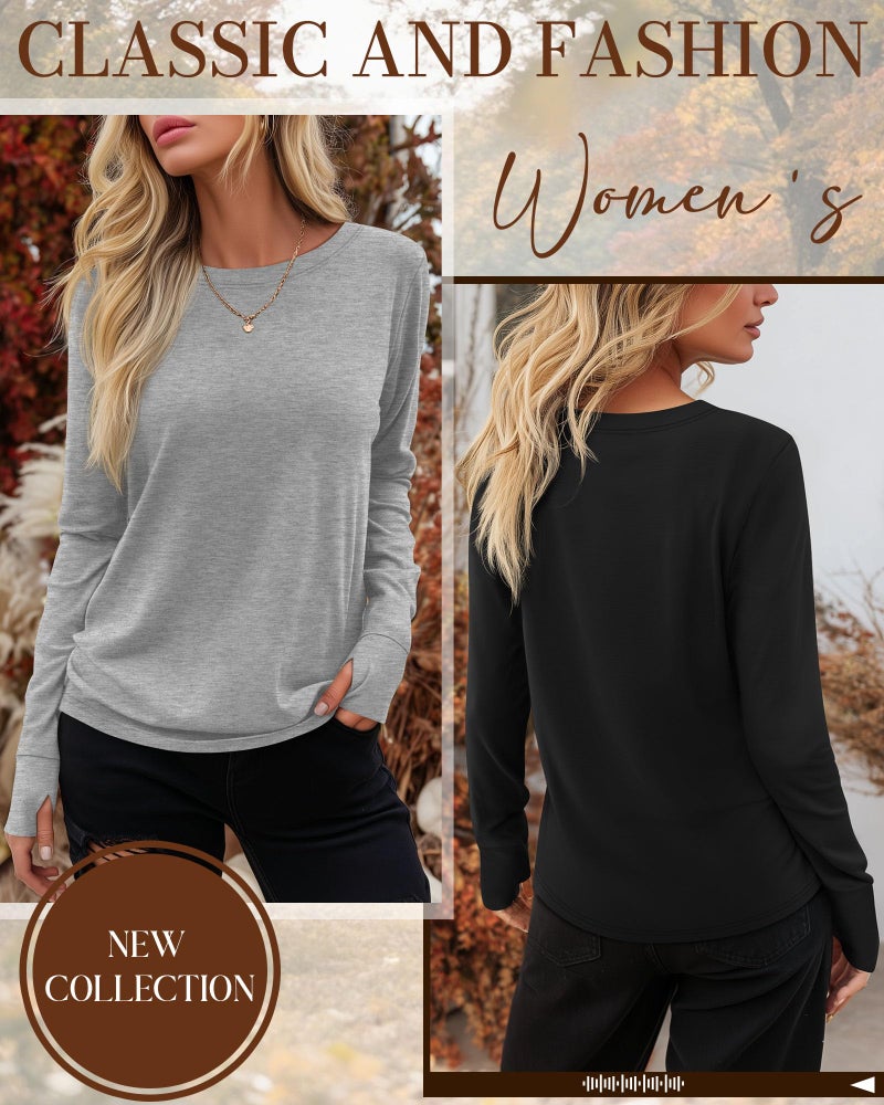 Huukeay 3 Pack Women's Long Sleeve Shirts with Thumb Holes, Cotton Casual Crew Neck Tunic Tops Fall Loose Y2k Trendy Outfits(Black, Dark Gray, Light Gray,XX-Large) - Image 4