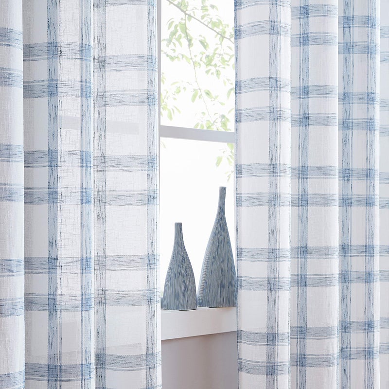 Randall White Blue Check Window Curtain Panel Pairs 63 Long for Living Room Linen Blend Semi Sheers Grommets Top Rustic Farmhouse Style Window Treatment Drape Sets for Bedroom 54x63x2 BlueWhite