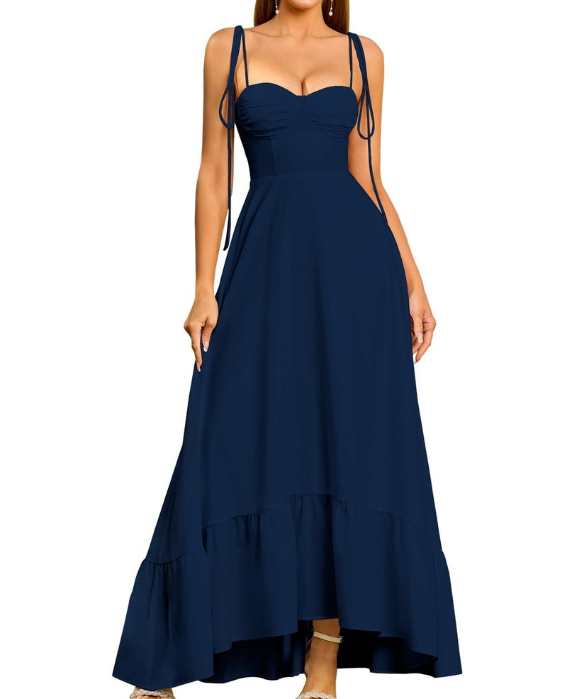 GLNEGE Women's Summer Spaghetti Strap Maxi Wedding Guest Dress Smocked Ruffle Tea Party Dresses Flowy A Line Sundress Navy - Image 1
