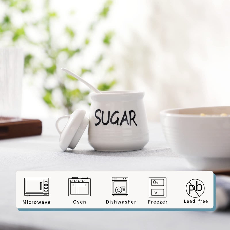 HAOTOP Porcelain Sugar Bowl with Lid and Spoon 12oz (White) - Image 3