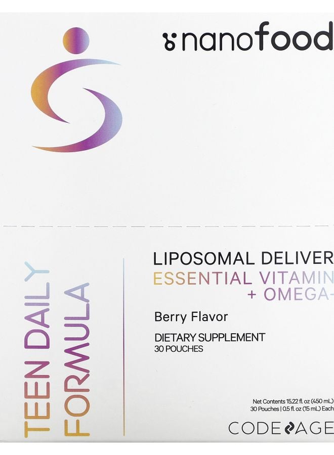 Codeage Nanofood Teen Daily Formula Liposomal Delivery Essential Vitamins + Omega-3 Berry 30 Pouches 0.5 fl oz (15 ml) Each