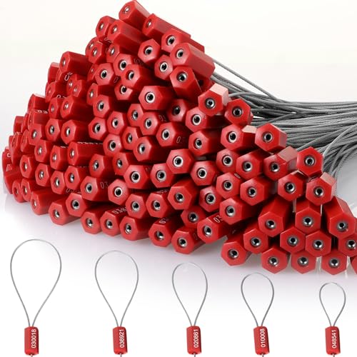 Nuogo نوغو 200 قطعة من أختام الكابلات الأمنية الفولاذية 11.8 بوصة معدنية مرقمة مضادة للتلاعب ختم الشحن القابل للتخلص منه علامات مرقمة ذاتية القفل لحاويات مقطورات الشحن (أحمر) - Image 1