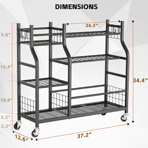 GIOTORENT Garden Tool Organizer with Wheels for Garage and Shed, Spacious Tool Storage, Multi-Tier Design with Side Hooks for Rakes, Shovels, Brooms, and Yard Tools Rolling Cart - Image 4
