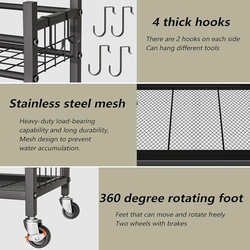 GIOTORENT Garden Tool Organizer with Wheels for Garage and Shed, Spacious Tool Storage, Multi-Tier Design with Side Hooks for Rakes, Shovels, Brooms, and Yard Tools Rolling Cart - Image 3