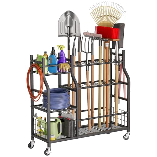 GIOTORENT Garden Tool Organizer with Wheels for Garage and Shed, Spacious Tool Storage, Multi-Tier Design with Side Hooks for Rakes, Shovels, Brooms, and Yard Tools Rolling Cart - Image 1