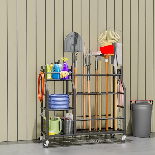 GIOTORENT Garden Tool Organizer with Wheels for Garage and Shed, Spacious Tool Storage, Multi-Tier Design with Side Hooks for Rakes, Shovels, Brooms, and Yard Tools Rolling Cart - Image 2