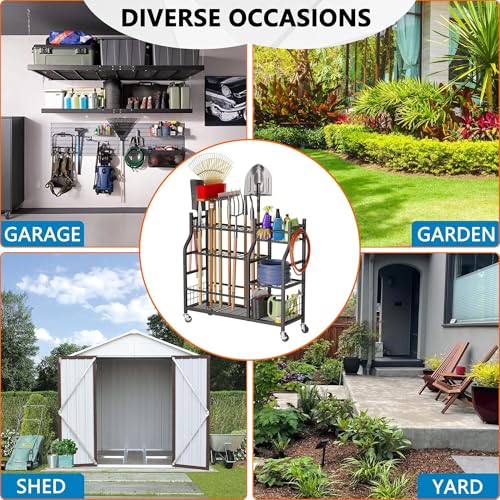 GIOTORENT Garden Tool Organizer with Wheels for Garage and Shed, Spacious Tool Storage, Multi-Tier Design with Side Hooks for Rakes, Shovels, Brooms, and Yard Tools Rolling Cart - Image 5